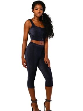 Navy Ribbed Corduroy Crop Tank & Capri Set - Women's Pants & Jumpsuits